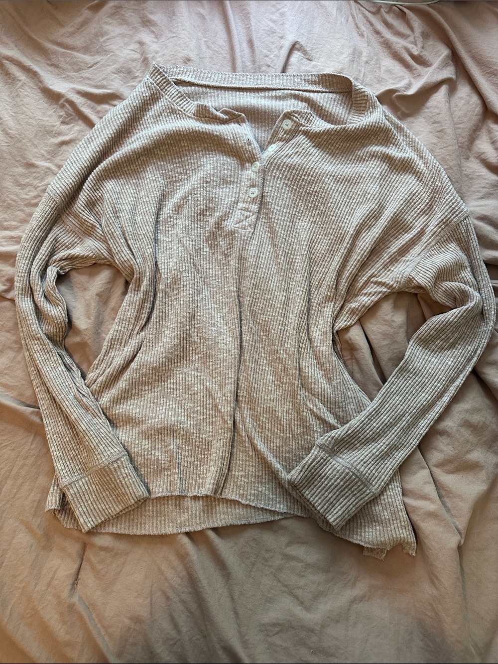 Cozy pink Ribbed Henley Long-Sleeve Top